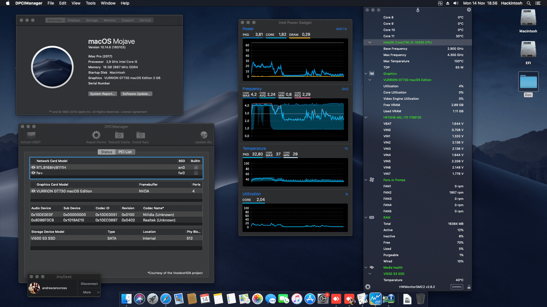 Success Hackintosh macOS Mojave 10.14.6 Build 18G103 in ECS H510H6-M2 + Intel Core i5 10400 + Vurrion GT730